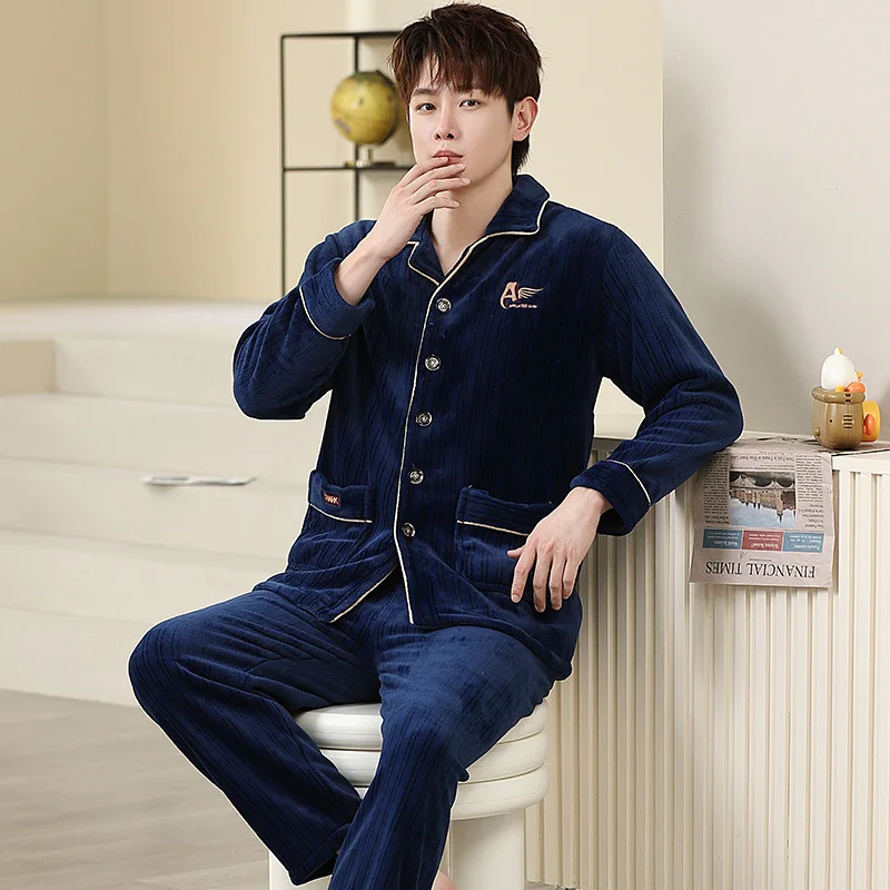 QUHENG Pajamas for Man Set Flannel 2022 Winter Plus Size Pijamas Pocket Buttons 2 Pieces Home Clothes Suits Pyjama Sleepwear