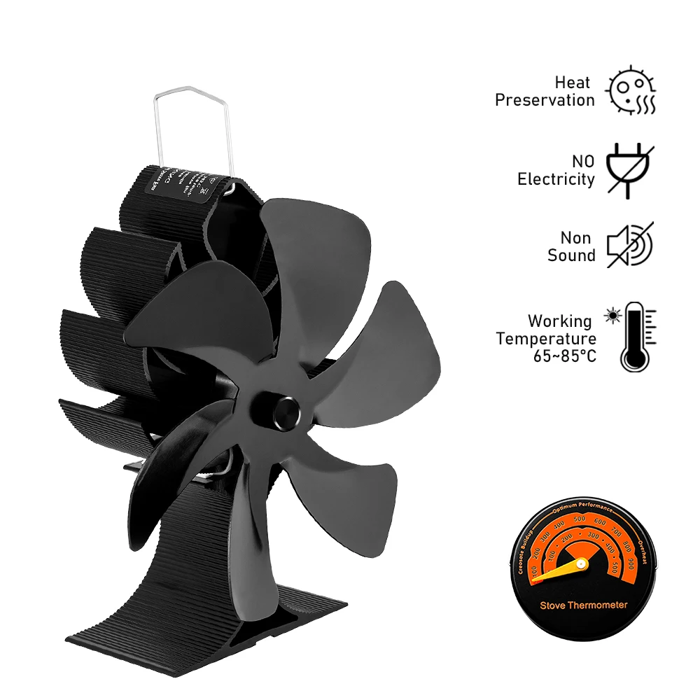 

Black Torch 6 Blades Heat Powered Stove Fan No Battery or Electricity Required Fireplace Fan Log Wood Burner Eco Fan Home Heater