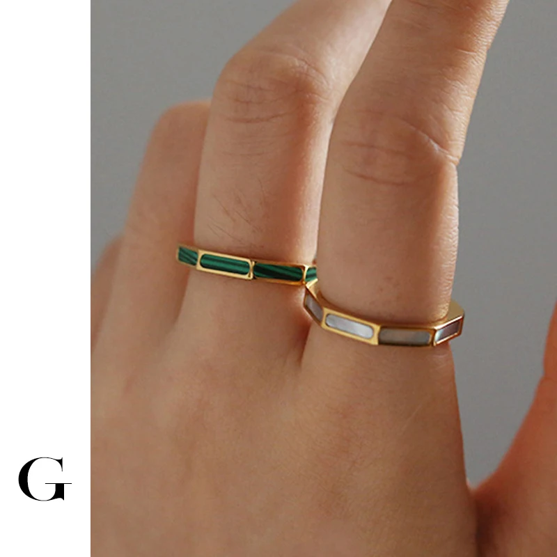 

GHIDBK Waterproof Stainless Steel White Shell Geometric Ring for Women Golden Natural Stone Finger Ring Jewelry Gifts