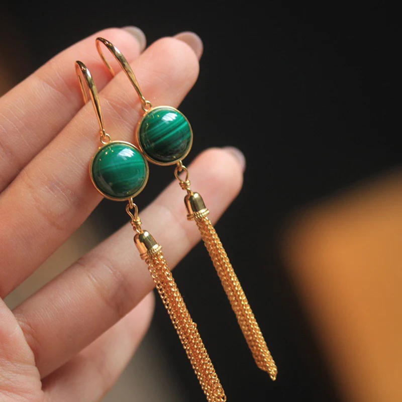 Элегантные серьги из натурального малахита серебро 925 пробы желтое золото