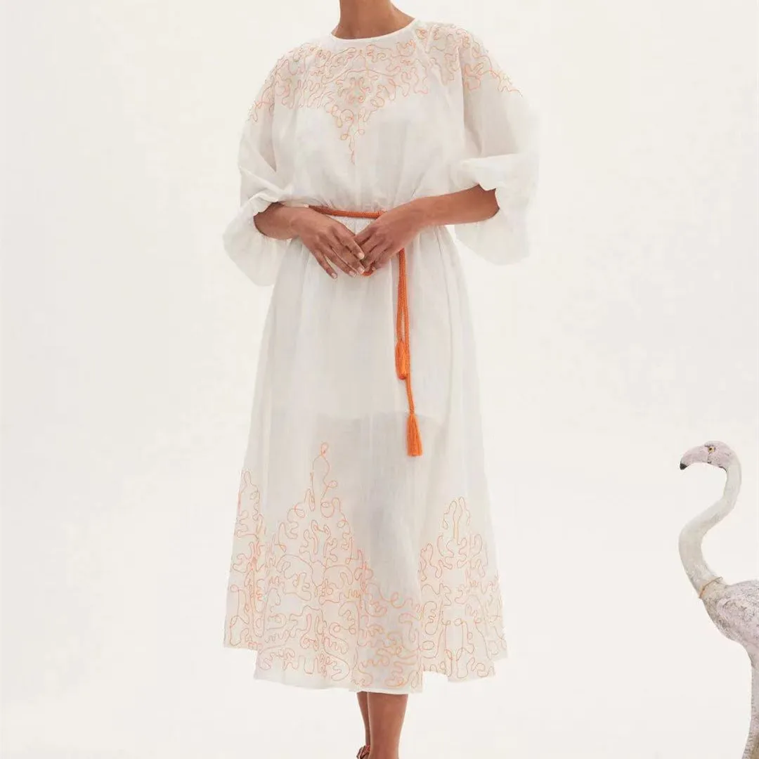 

Feminine Ramie Embroidery Midi Dress with Slim Waistline, Round Neck and Lace-up Lantern Sleeves