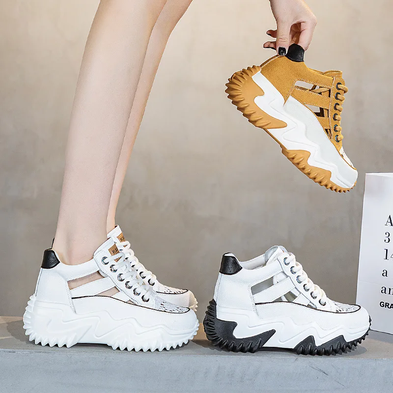 Mesh Genuine Leather Hollow Strap Design Comfy High Brand Breathable Shoes Chunky Sneakers Spring Summer Platform Wedge Shoes