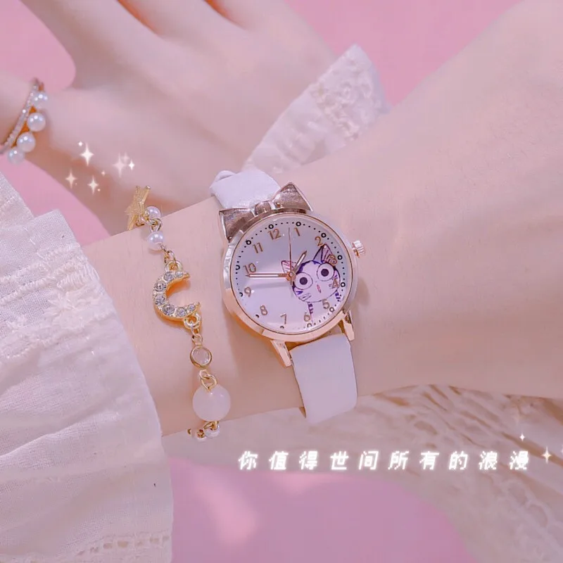 Часы наручные женские кварцевые с мультяшным котом и цифрами