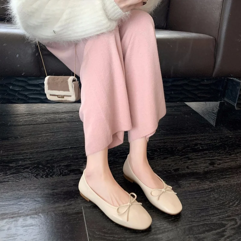 French Round Head Style Shallow Mouth Spring and Autumn Flat Bottom Bow Ballet Dance Girl Single Shoe