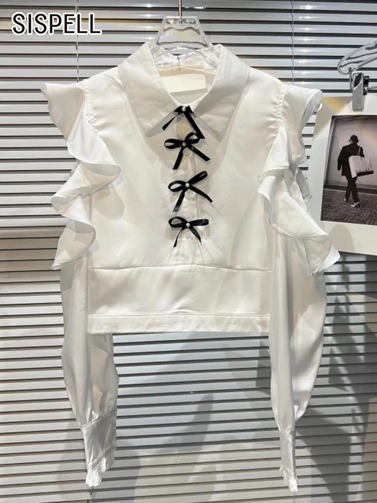 

SISPELL Hollow Out Bowknot Tops For Women Lapel Long Sleeve Patchwork Edible Tree Fungus Short Shirts Female Clothing Autumn New
