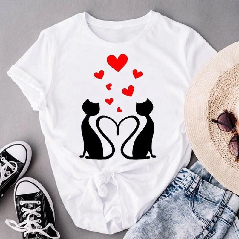 

Женская футболка с коротким рукавом, футболка с рисунком кошки, влюбленных, животных, модель DW30 на День святого Валентина