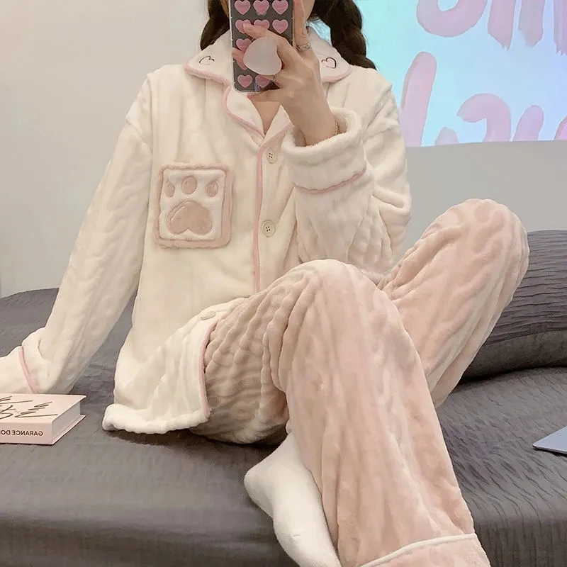 Yasuk Autumn Winter Cute Women's Casual Lovely Sweet Girl Warm Soft Sleepwear Loose Pajamas With Pants Cat Paw Velvet Simple