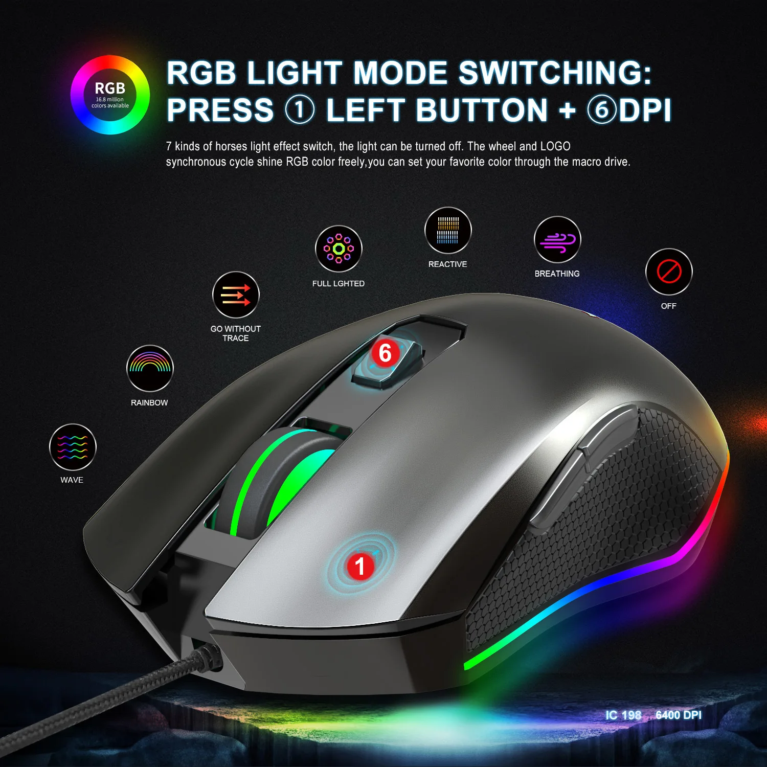 

Мышь Компьютерная Проводная с RGB-подсветкой, 6400dpi, 4 уровня