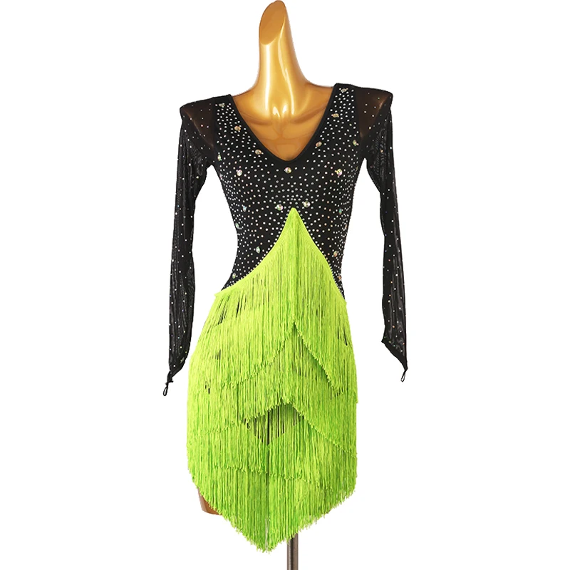 

Latin Dance Dress Women Tassel Salsa/Ballroom/Rumba Competition Dresses Costume long sleeves diamond Latin Dance Dress Dancewear