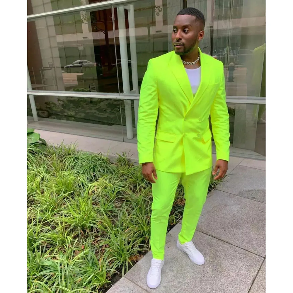 2023 New Fashion Male Suit Bright Green Double Breasted Chic Blazer Casual Wedding Groom Best Man Slim Fit 2 Piece Jacket+Pants