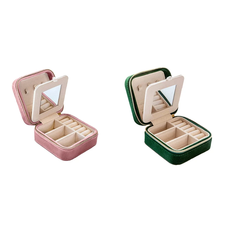 

Plush Velvet Travel Jewelry Box Organizer, Small Jewelry Box For Women, Earring Organizer With Mirror