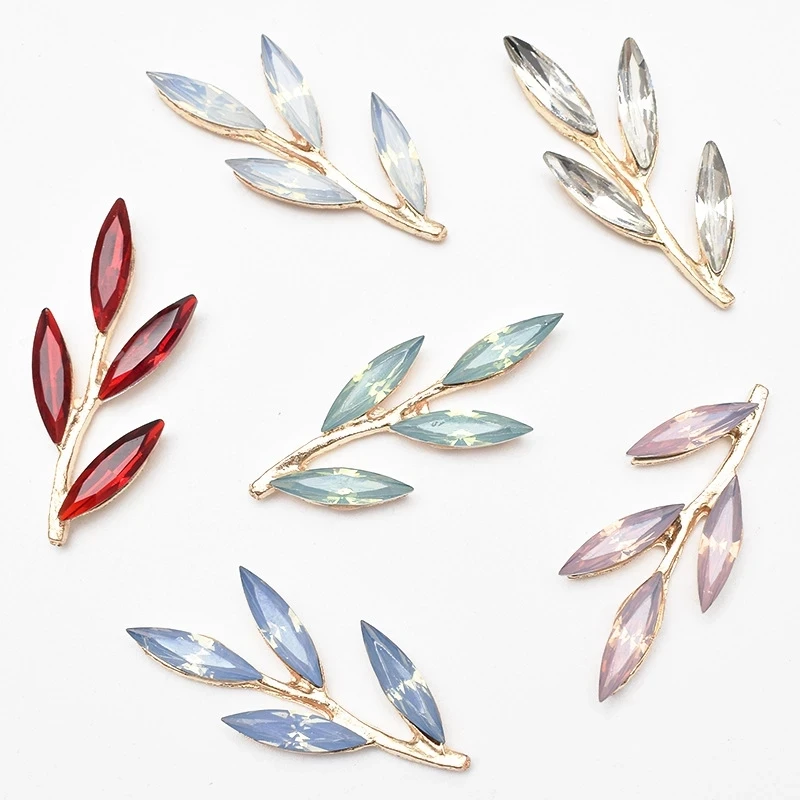 

10 PCS 37x15mm Metal Alloy KC Gold Crystal Rhinestone Leaf Branch DIY Headwear Accessories 6 Colors