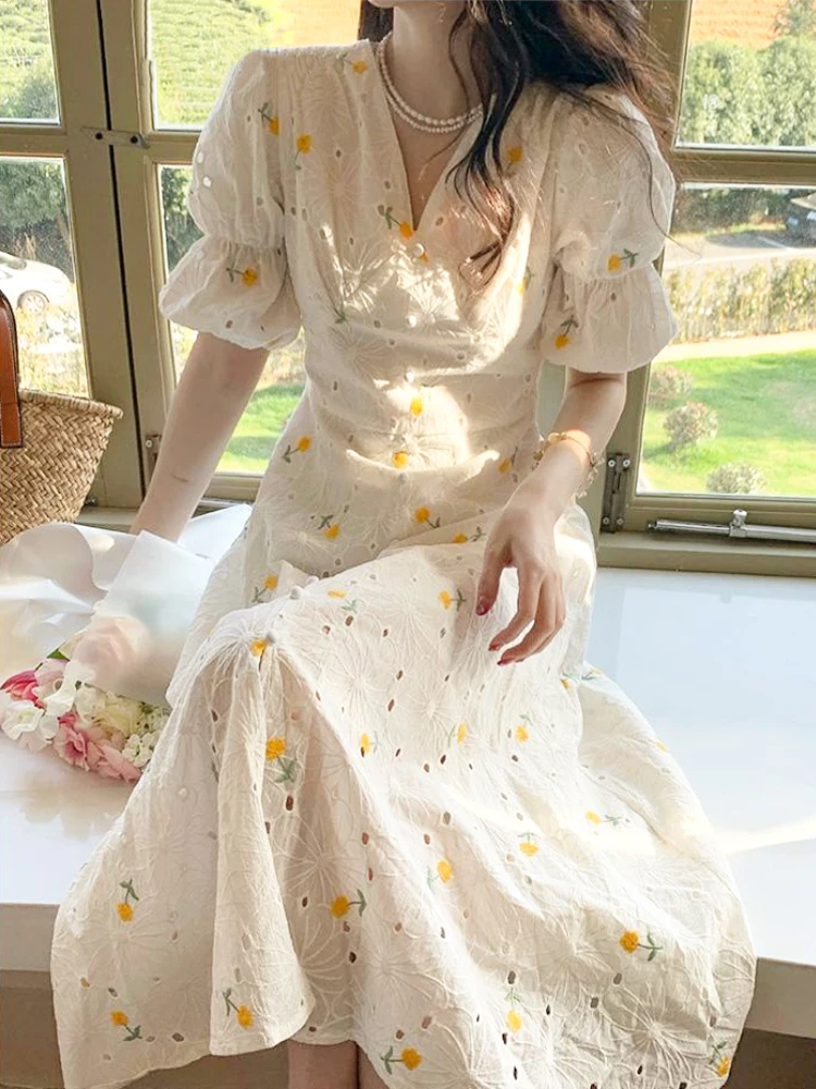 

French Elegant Midi Dress Women Casual Boho Beach Sundress Even Party Office Lady Short Sleeve Floral Dress Korean 2022 Summer
