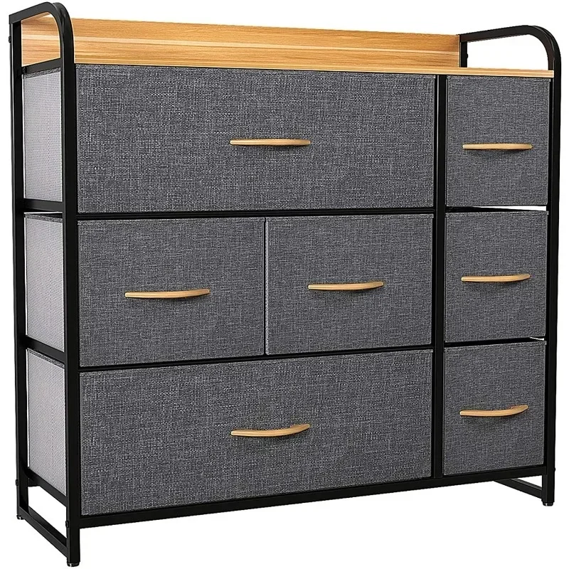 

7 Drawers Dresser Fabric Storage Tower Wooden Top Shelf Modern Organizer, Dark Gray