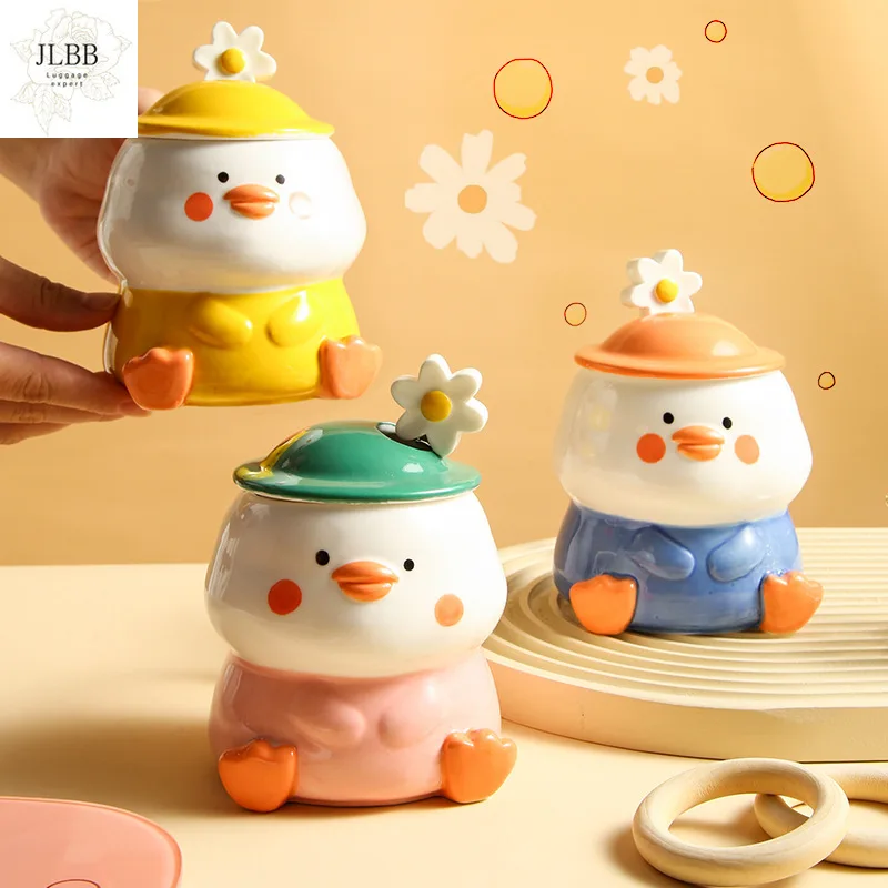 

400ml Cartoon Hand Painted Duckling Mug With Lid Spoon Cute Ceramic Animal Coffee Tea Milk Cups Creative Mug Gift For Duck Lover