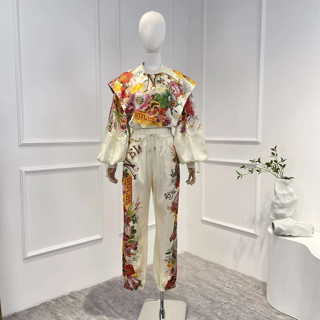 

2023 New Spring Summer High Quality Flower Printing Drawstring Vintage Casual Long Sleeve Top and Pants Woman Silk Linen Set