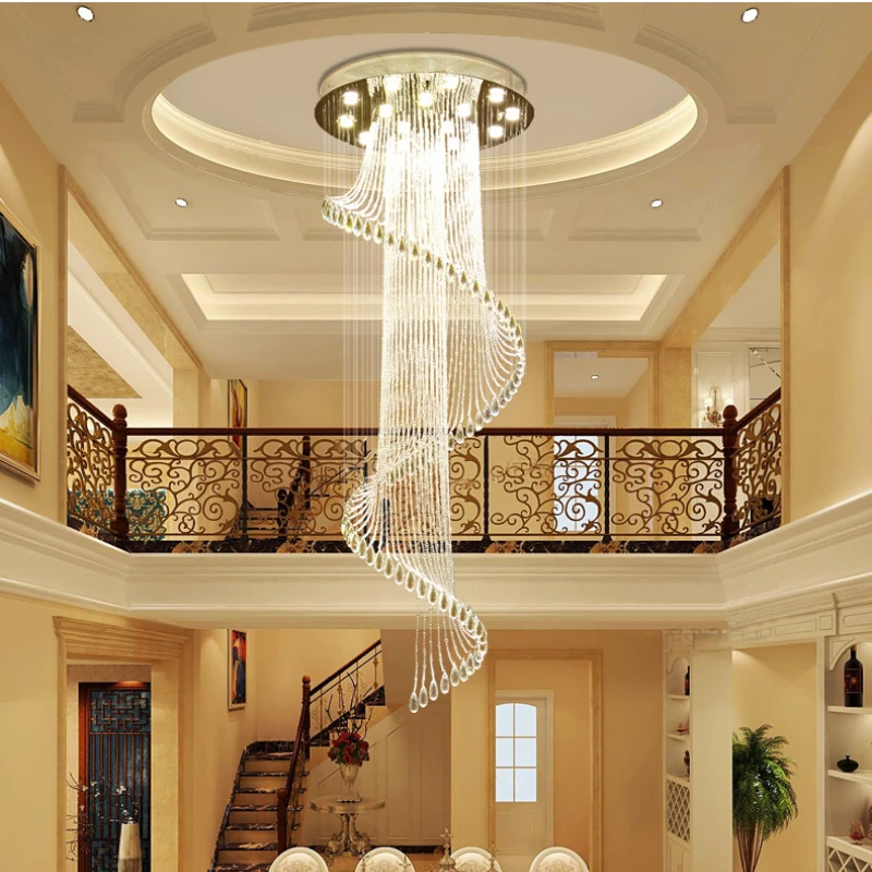 

Modern Luxury Large Crystal Chandelier K9 Crystal Stair Spiral Light Fixtures Creative LED Chandeliers Lamp Hotel Villa