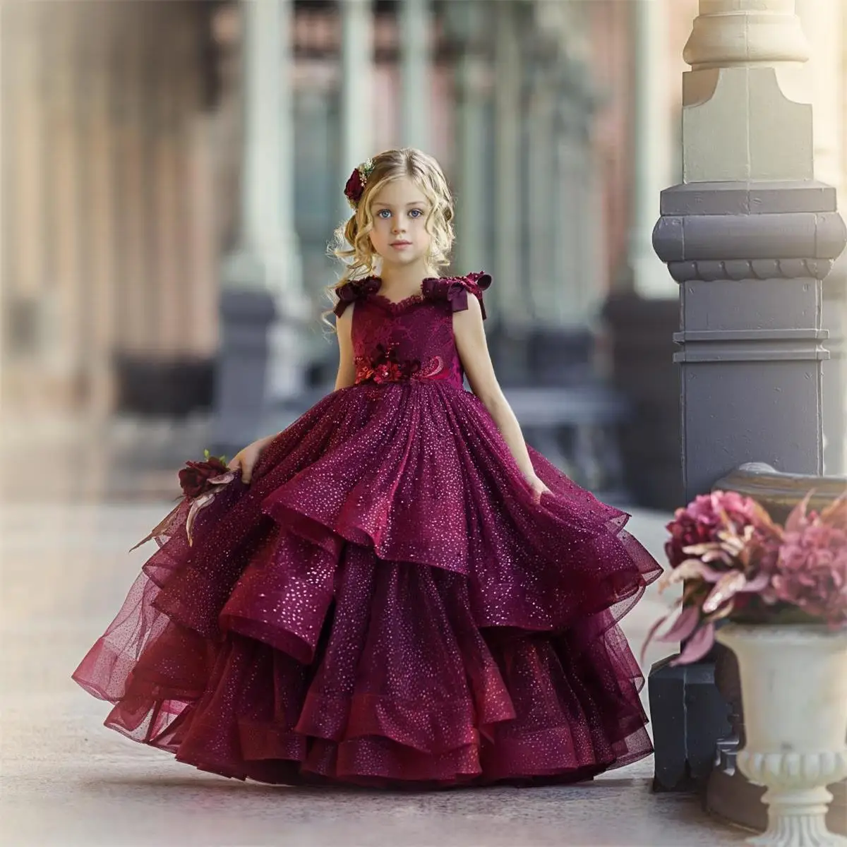 

Блестящие бордовые платья с цветами для девочек, свадебное платье подружки невесты, с открытой спиной, с блестками, многоярусная юбка для де...