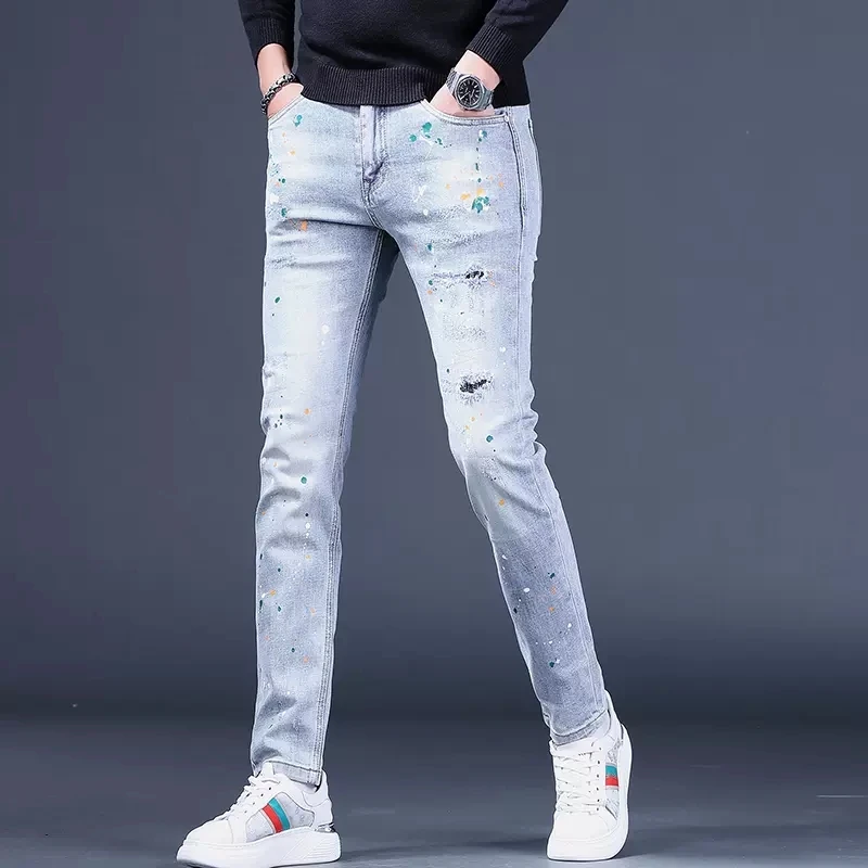 Ripped Patches Light Blue Jeans Men Autumn Slim Fit Straight Pants Streetwear Fashion Dots Printed Denim Trousers CP2011