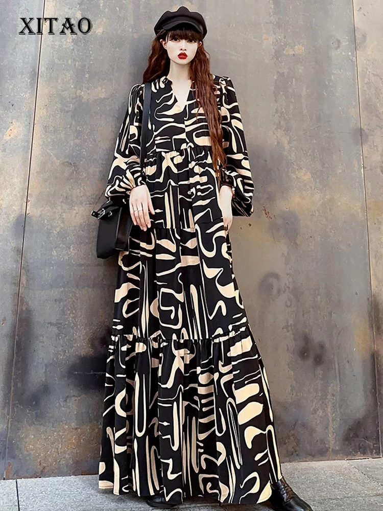 

XITAO/повседневное Свободное платье с длинным рукавом и v-образным вырезом, с модным принтом, Новинка осени 2023, женское уличное платье длиной до щиколотки DMJ2437
