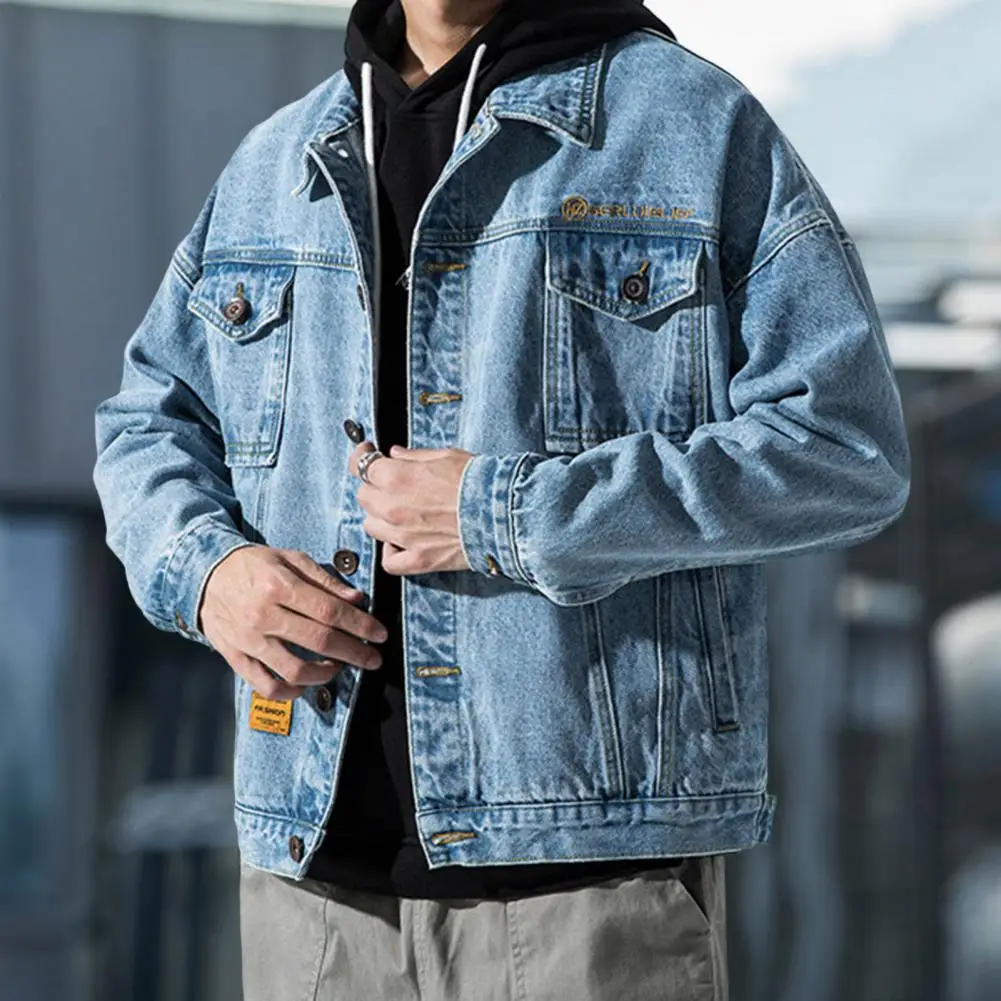 

Men's Blue Denim Jacket Solid Color Pockets Outerwear Korean Style Single Breasted Jeans Male Brand Clothes Streetwear