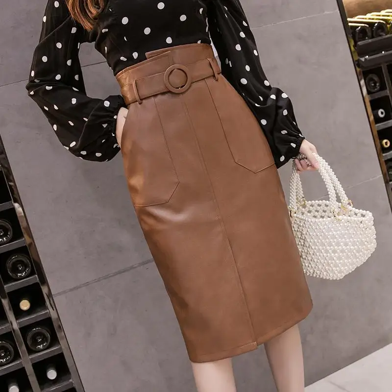 

Seoulish 2022 Autumn Winter PU Leather Pencil Midi Skirts High Waist Split OL Elegant Sheath Wrap Skirts with Belt Female T399