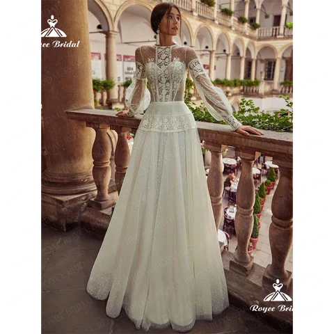 Roycebridal свадебное платье трапециевидной формы с круглым вырезом, 2025, кружевное свадебное платье со шлейфом, индивидуальное платье brancovestido de novia boda فستان ال