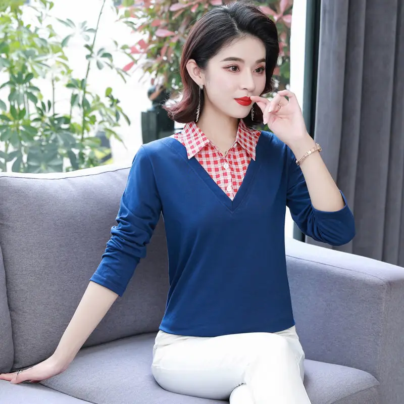 

Новая женская одежда, весенне-осенняя рубашка, пуловер, свитер, имитация двух частей, Женская Повседневная Свободная рубашка, топы для женщи...