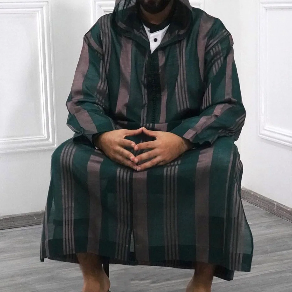 Men's Islamic Arabian Patchwork Striped Hooded Zipper Muslim Robe 2022 Autumn Fashion Casual Loose Arabian Islamic Robe