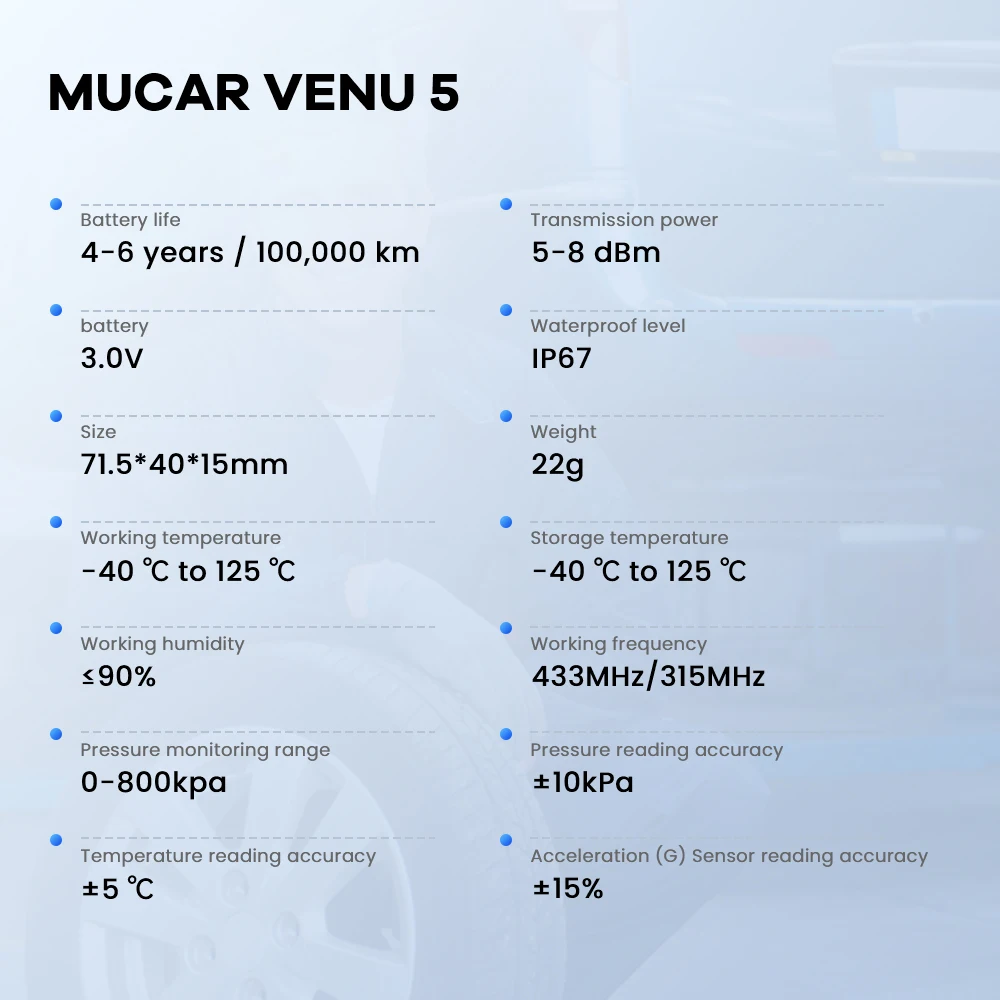 4 шт. датчиков давления в шинах MUCAR VENU 5, 433315 МГц, тестер контроля давления в шинах, программируемый датчик для Thinkcar Venu Ipro Venu 90 (art.: 3920d8a15f970) - 3920d8a15f970