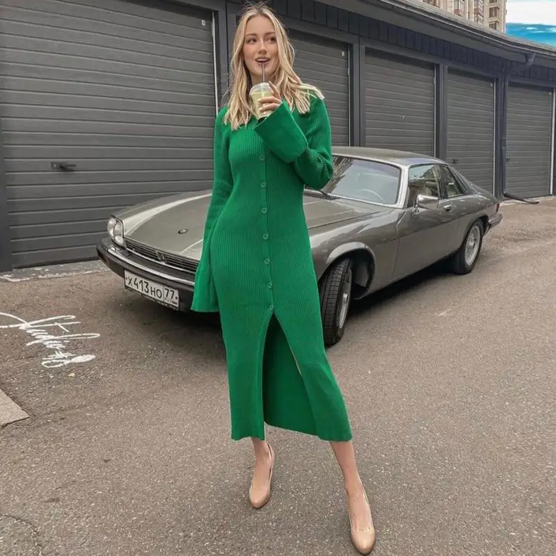 

High Street Casual Women Bodycon Dress Sweater Knitted Green Sexy Midi Split V Neck Long Sleeve Casual Dresses Party New 2022