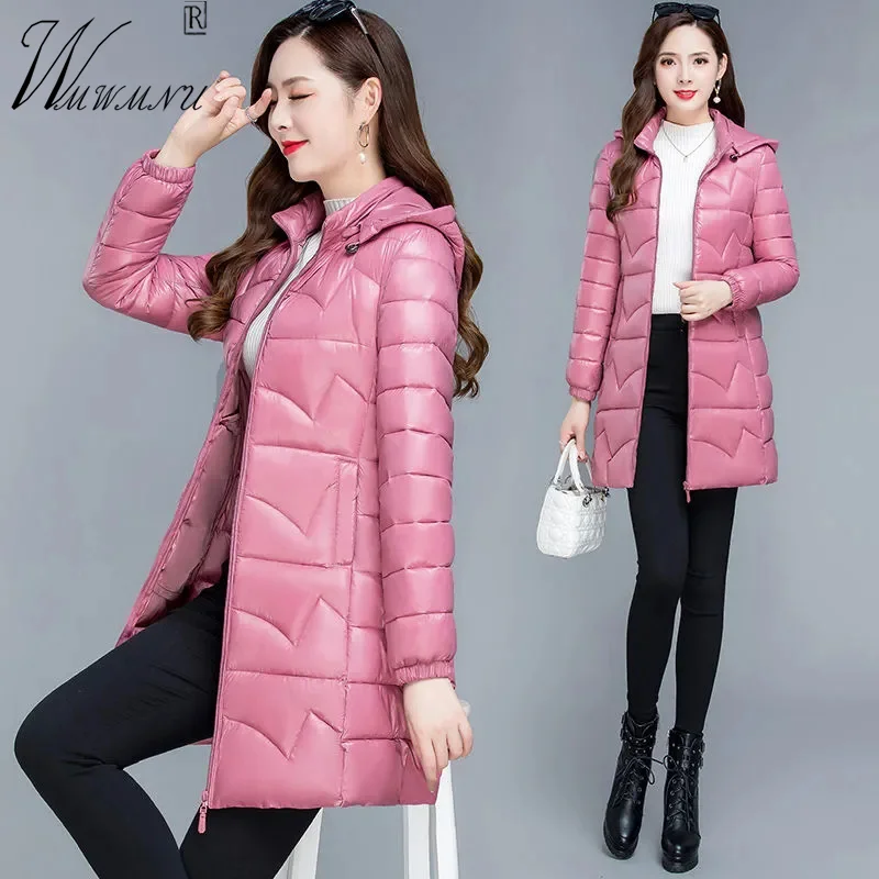 

Модные женские розовые парки с капюшоном для снега, очень светильник кие ветрозащитные зимние пальто большого размера 6xl, Прямые хлопковые ...