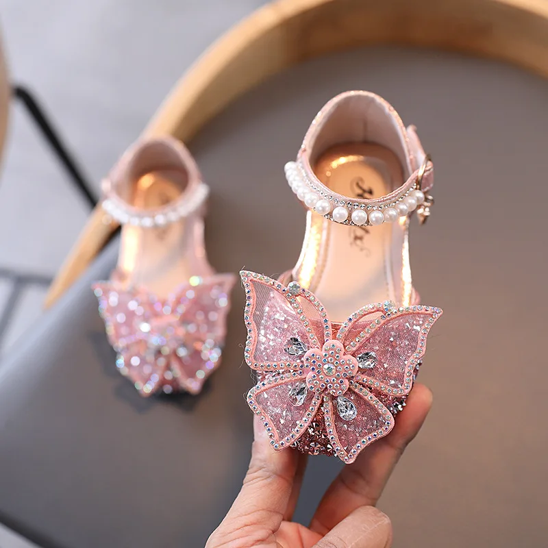 Summer Girls Sandals Fashion Sequins Rhinestone Bow Girls Princess Shoes Baby Girl Shoes Flat Heel Sandals Size 21-35