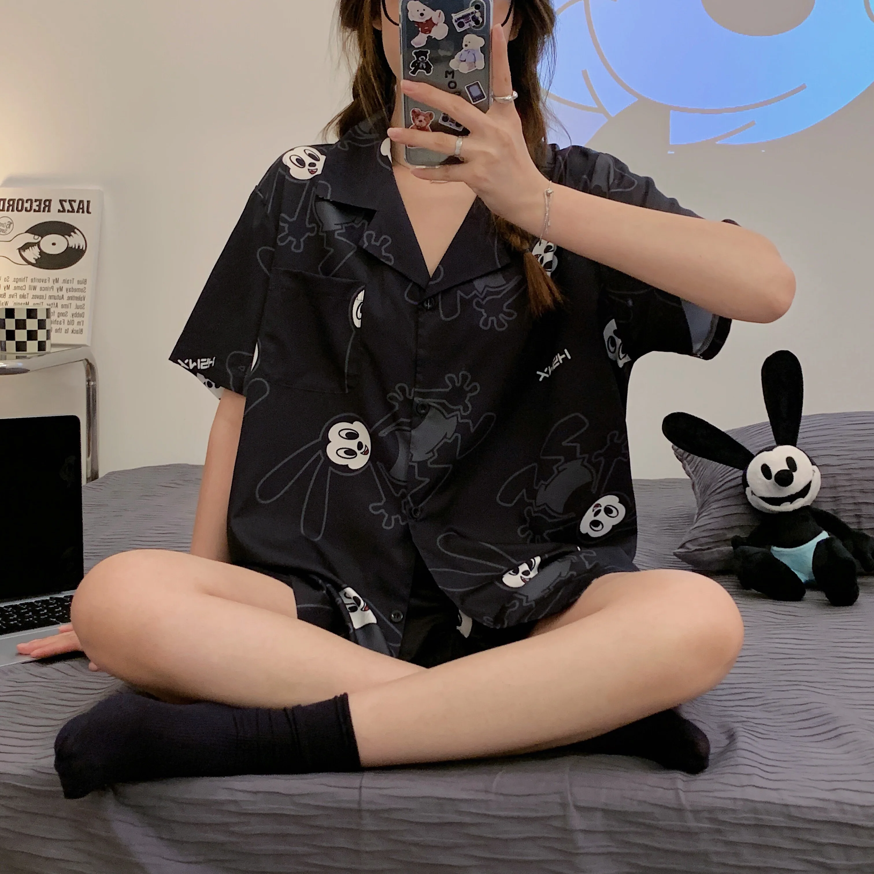 Disney Cartoon Oswald the Lucky Rabbit Satin Pyjamas Women Summer 3 Pieces Set with Shorts Soft Silk Pajamas Set Ladies Outfits