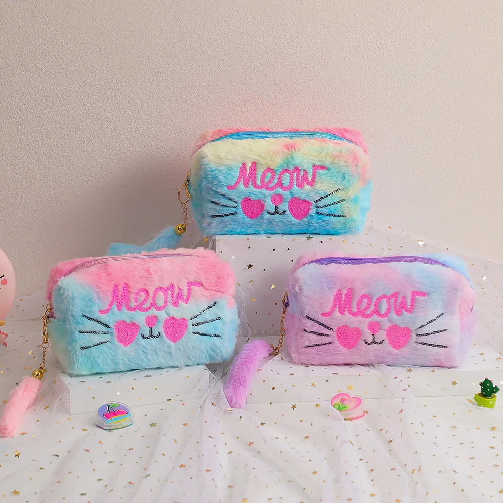 Kawaii кошка клатч сумки мягкий меховой пенал женский карандаш рандаш ручка сумка