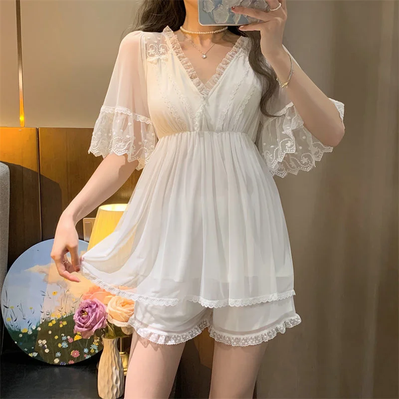 Summer Womens Nightgowns Lace Mesh Princess Robe Short Sleeve Elegant Long Nightdress Morning Sleepdress Pajamas 2PCS Home Suit