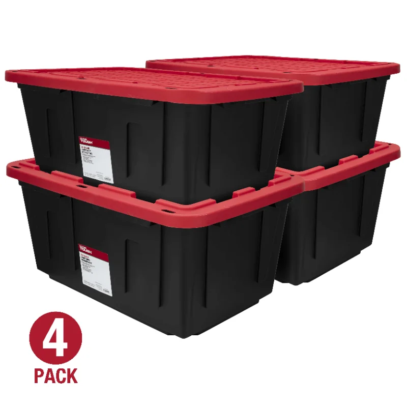 Hyper Tough - 27 Gallon Stackable Snap Lid Plastic Storage Bin, Black Base/Red Lid, Set of 4