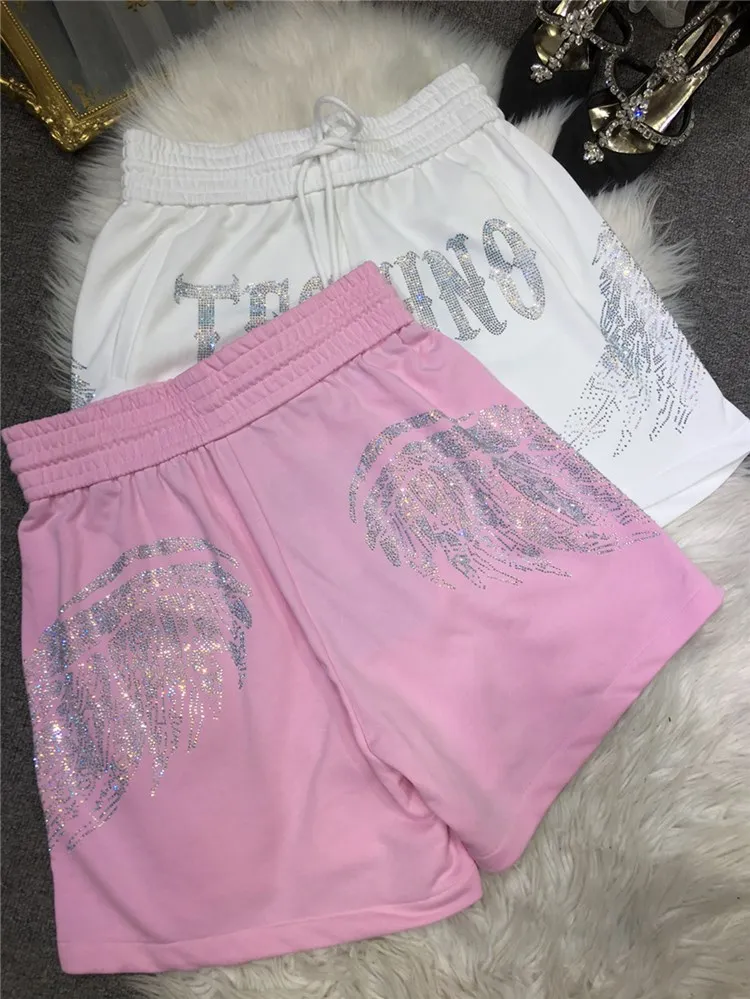 Women Heavy Industry Rhinestone Wings Shorts 20233Summer Thin Loose Wide Leg Leisure All-Matching Short Pants Sweatpants Female