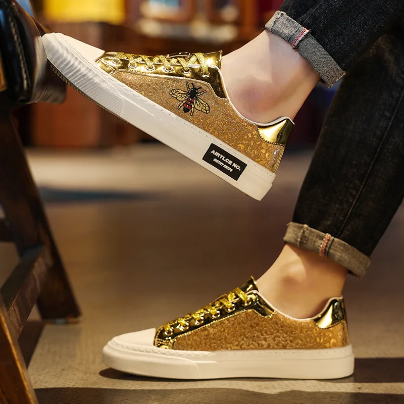 Fashion Golden Men's Sneakers Brand Shoes Glitter Leather Low-cut Designer Shoes Skate Luxury Sneakers for Men Zapatillas Hombre