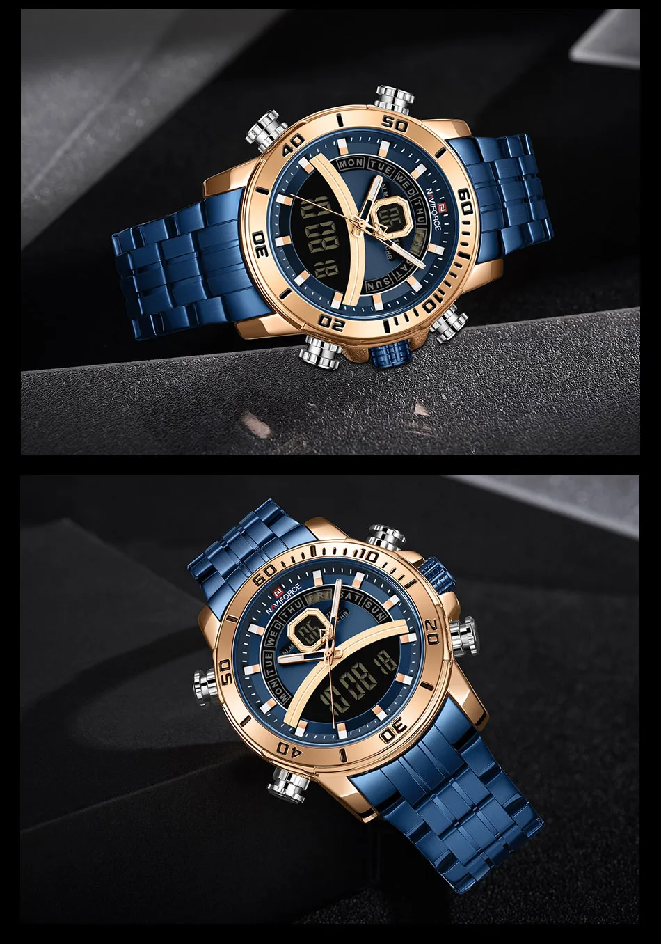 Часы наручные NAVIFORCE Мужские кварцевые Светодиодные брендовые Роскошные