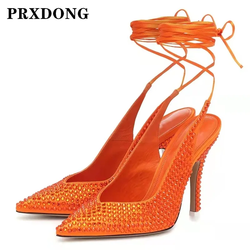 

New 2022 Summer Women's Shoes Sexy High Heels Pointe Toe Orange Pink Rhinestone Dress Party Wedding Female Shoes Pumps Big Size