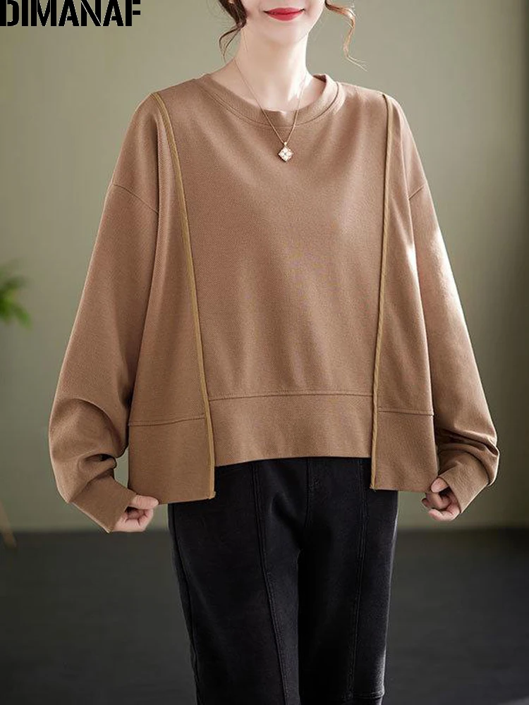 

Женская Повседневная Туника DIMANAF, Свободный Топ с длинным рукавом, хлопковая Футболка большого размера для весны