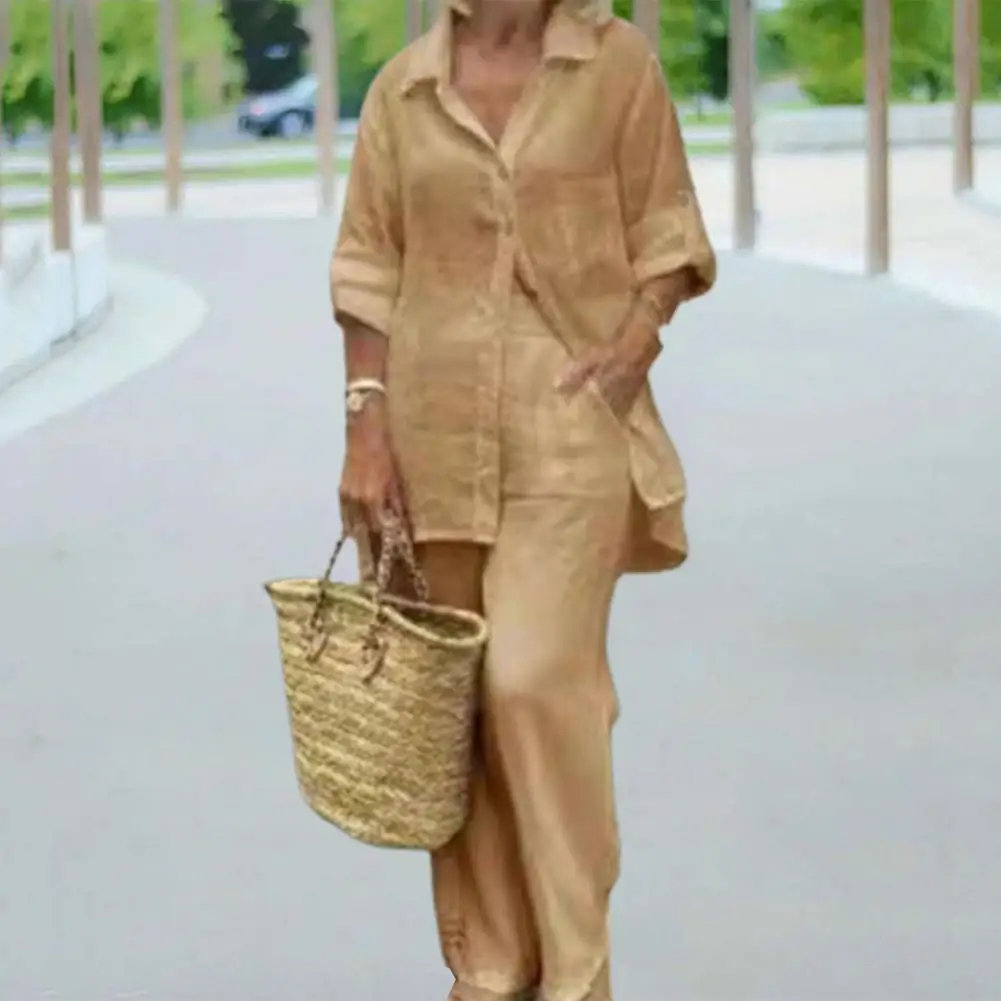 

Chic Top Trousers Suit Leisure Pockets Two Pieces Comfortable Women Pants Blouse Set Women Pants Blouse Set Soft Fabric