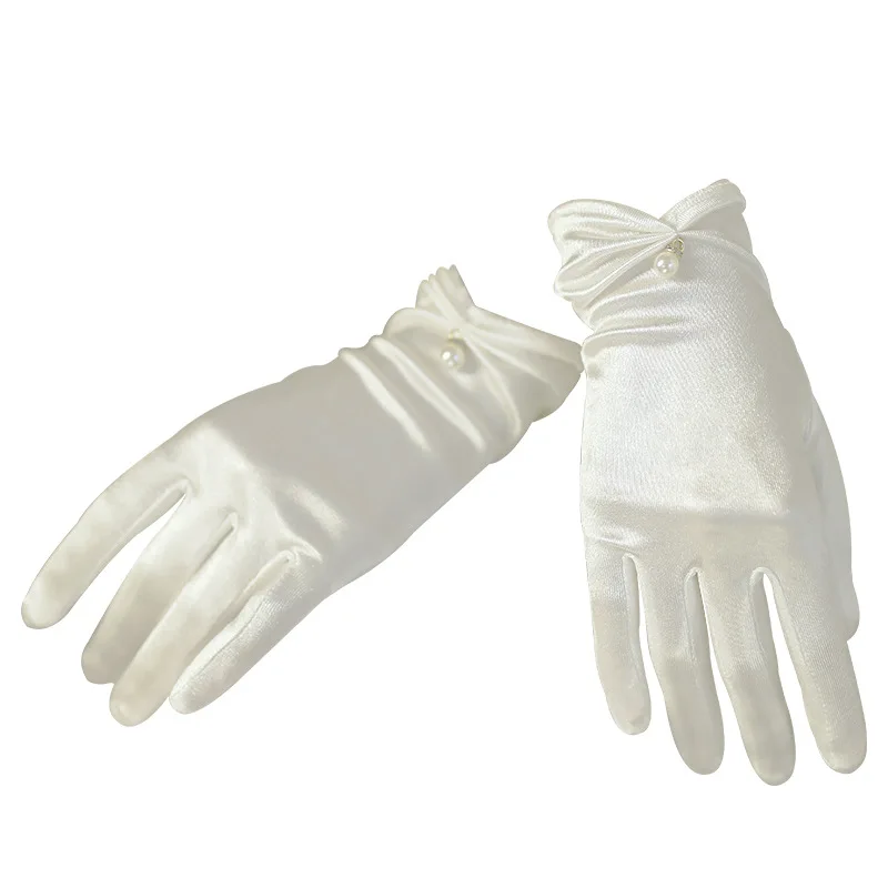 

Short Opera Party 20s Satin Gloves Adult Size Tea Party Wedding Bridal Gloves with Pearl