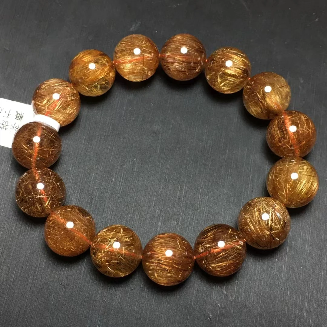 

Natural Copper Rutilated Quartz Cat Eye Bracelet Crystal Clear Beads 14.5mm Women Man Bracelet Genuine AAAAA