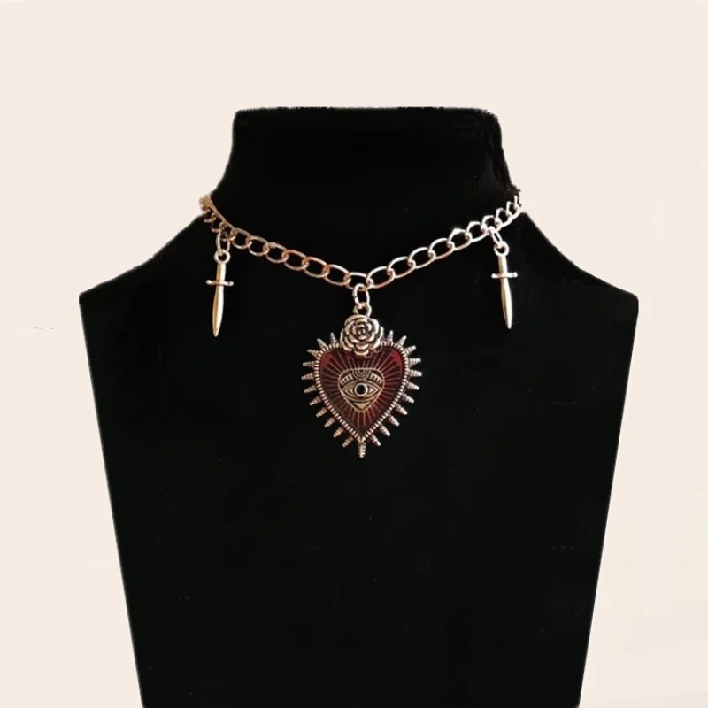 

Goth Peach Heart Flower Sword Eye Cross Pendant Choker Chain Necklace for Man Women Jewelry Vintage Punk New Necklace 2022