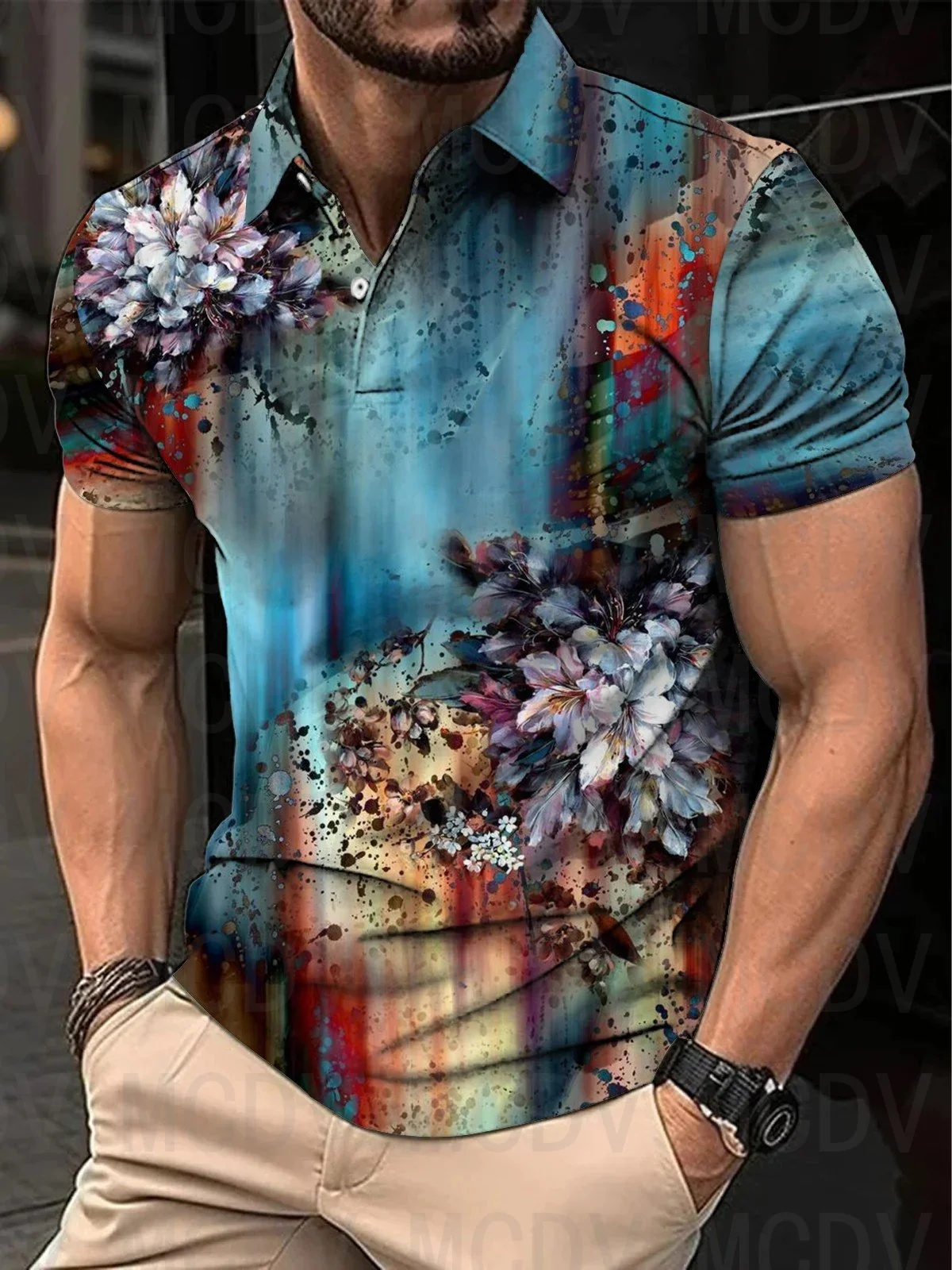 

Men's Simple Casual Red Floral 3D Printed Short Sleeved Polo Shirt