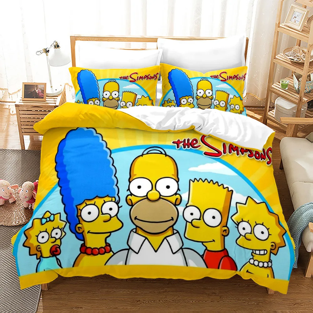 Happy Family S-Simpsons Printed Bedding Set Cartoon Tv Show Duvet Cover Double Size Bedclothes Kids Decor Bedroom No Sheet