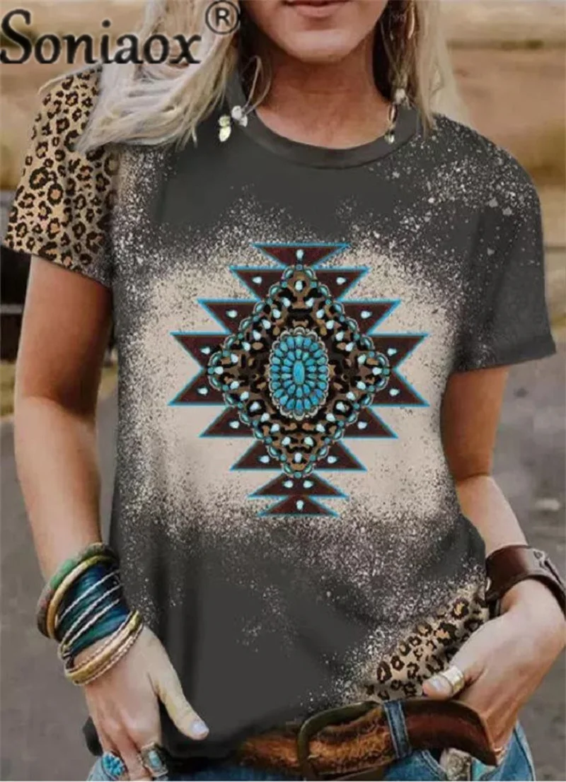 

Fashion Leopard Print Ethnic T-Shirt 2023 Summer Women's Casual Loose Western Cowboy Style Tops Female O Neck Short Sleeve Tees