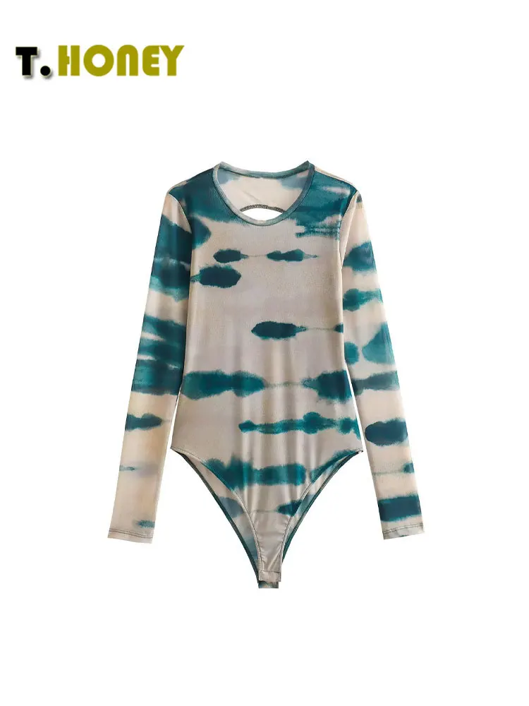 

TELLHONEY Women Fashion O-Neck Back Hollow Out Print Rompers Female Casual Backless Long Sleeves Slim Fitting Romper